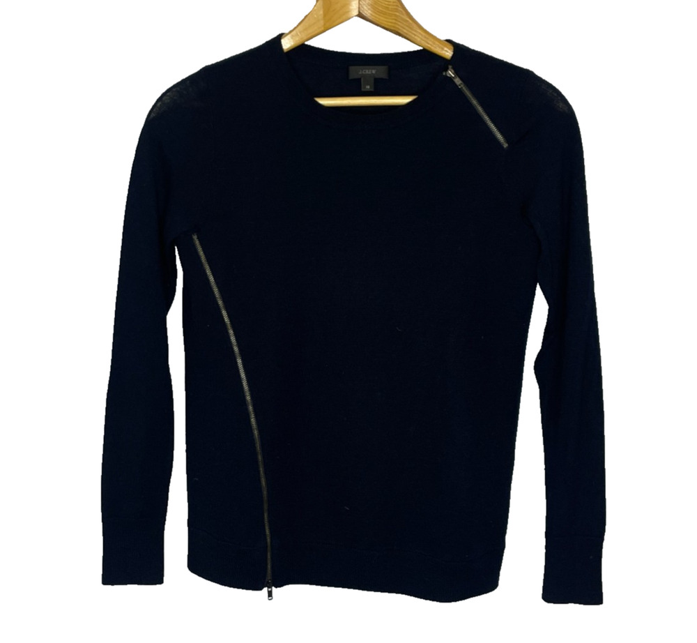 Women's XS J.Crew Navy Blue Merino Wool Crewneck Zipper Sweater